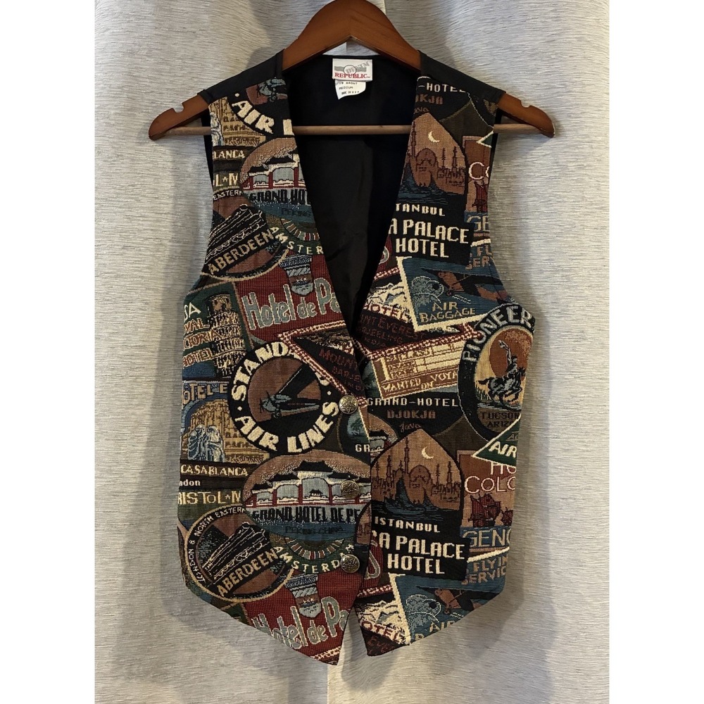 Vtg Denim‎ Republic Vest Jacket Womens Medium Made In USA Travel Tourism Pattern